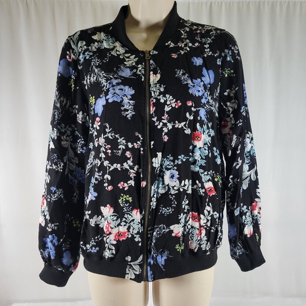 Cynthia Rowley Women’s Small Floral Bomber Jacket – Black Zip Front